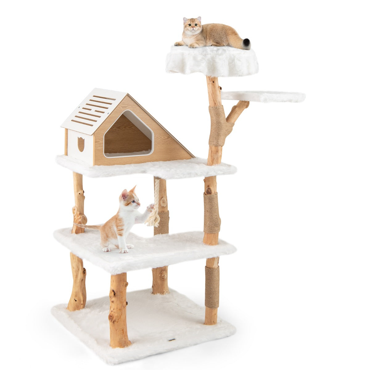 LIVSK Moderne Kattenboom met Huisje - Natuurlijke Houten Stammen - 2 Zitstokken - 2 Platforms - Pluche Bekleding - Wit