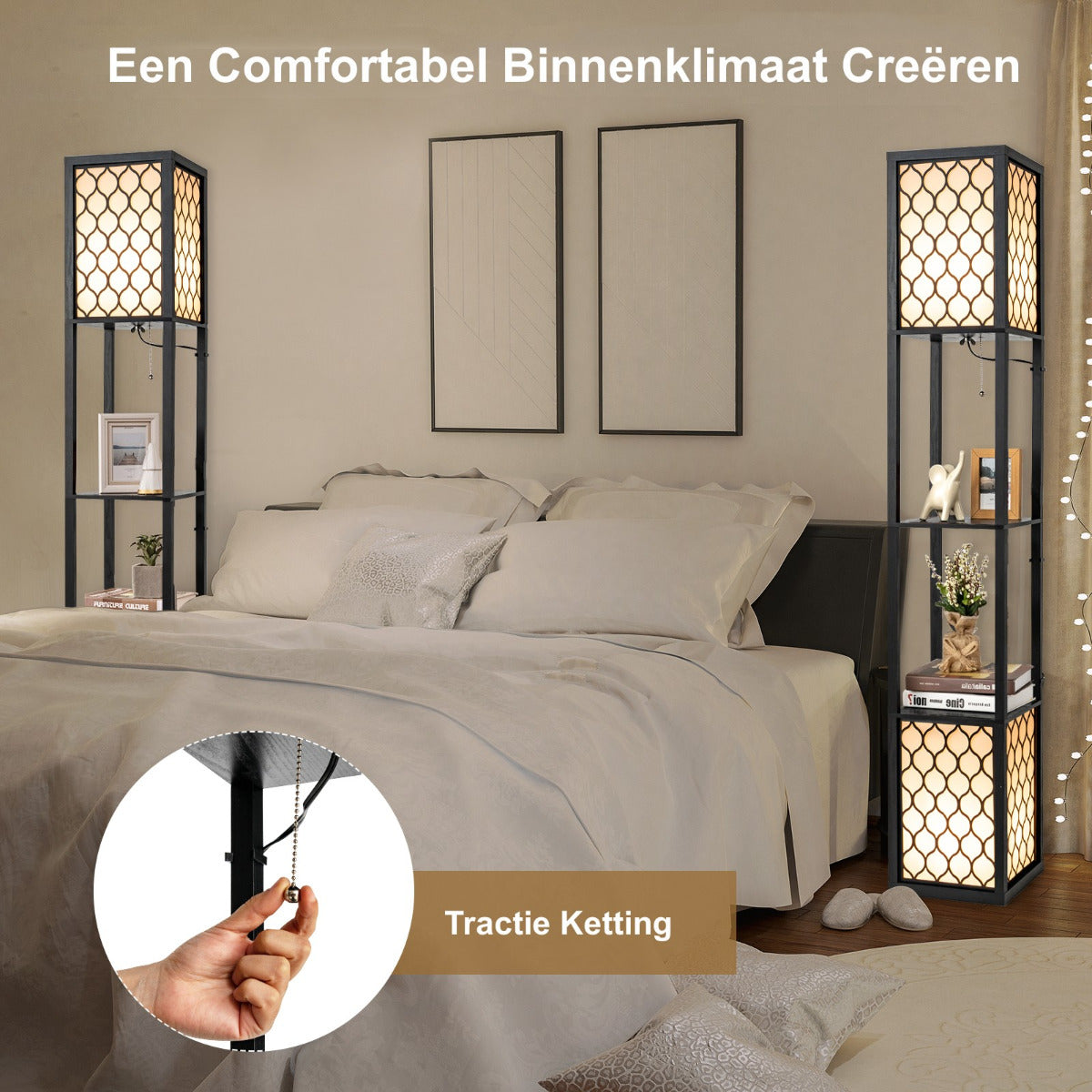 LIVSK Plank Vloerlamp met Dubbele Lampenkap en Opbergplanken - Multifunctioneel Design - Oogbeschermende Verlichting - Zwart + Wit