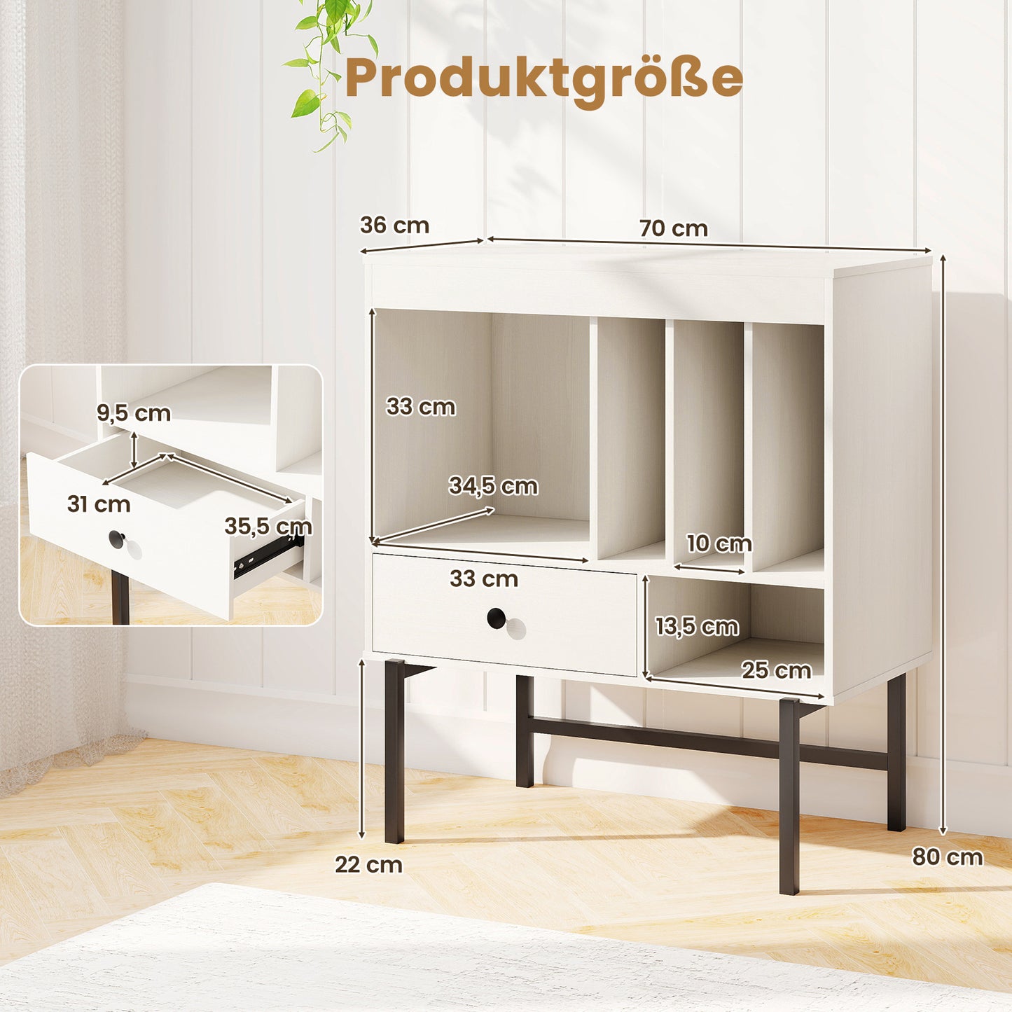 LIVSK Platenstandaard met Albumhouders - Ruim Tafelblad en Lade - Duurzaam Ontwerp - 70 x 36 x 80 cm - Wit