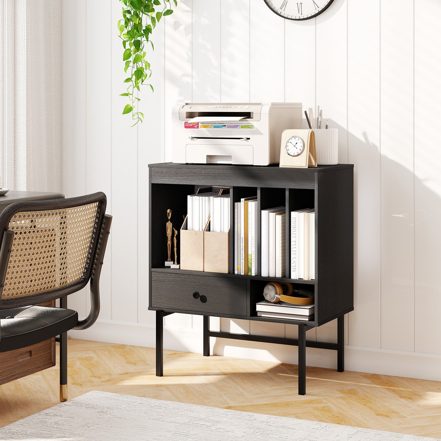 LIVSK Platenspelerstandaard - Ruim Tafelblad - 3 Albumhouders - Lade - Stevig en Modern - 70 x 36 x 80 cm - Zwart