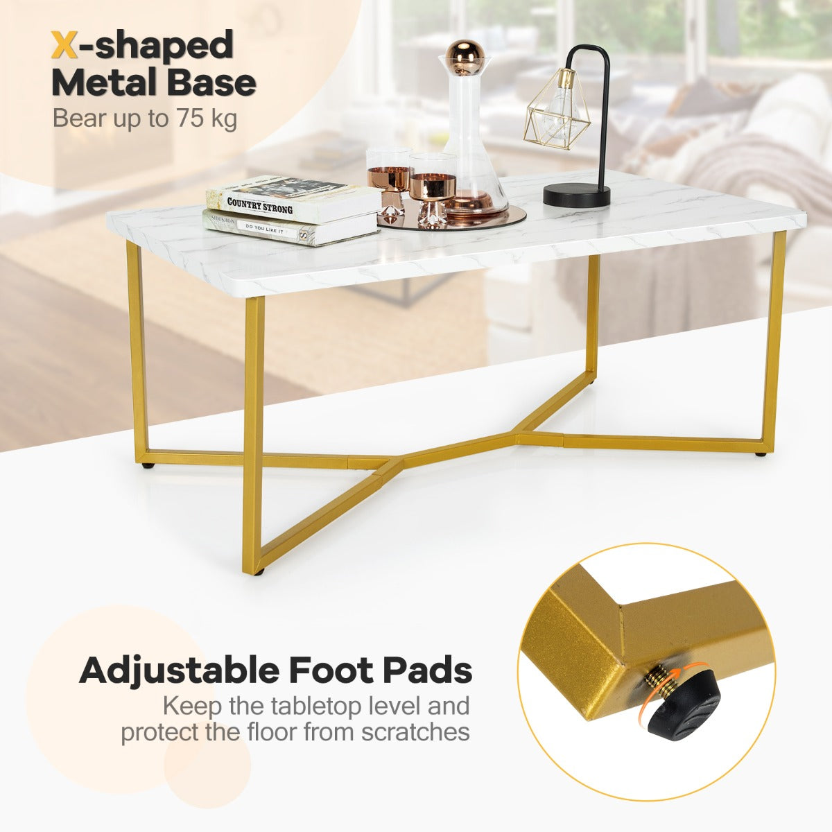LIVSK Luxe Salontafel - Marmerachtig Tafelblad - Gouden Y-Poten - Duurzaam MDF - Belastbaarheid tot 75 kg - Wit + Gouden