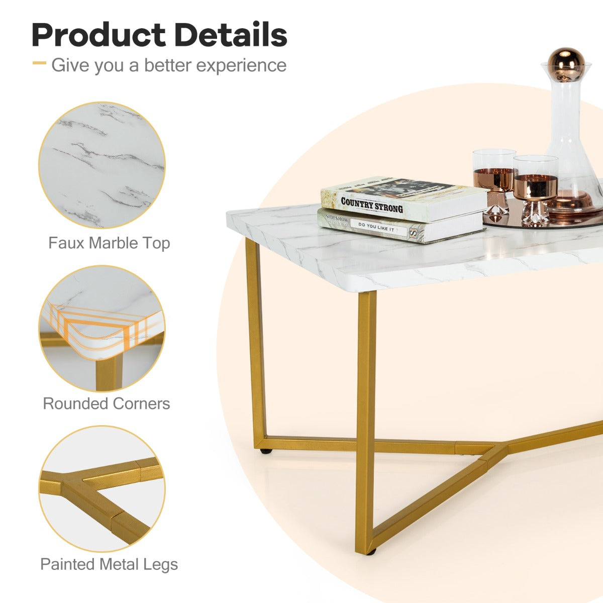 LIVSK Luxe Salontafel - Marmerachtig Tafelblad - Gouden Y-Poten - Duurzaam MDF - Belastbaarheid tot 75 kg - Wit + Gouden