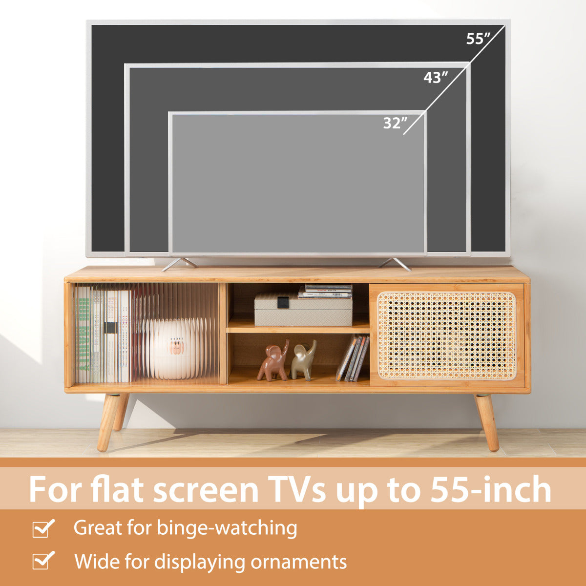 LIVSK Moderne TV Standaard - Natuurlijke Bamboekleur - Rotan Schuifdeuren - 2 Kasten en Planken - Tot 55 inch - Houtkleur