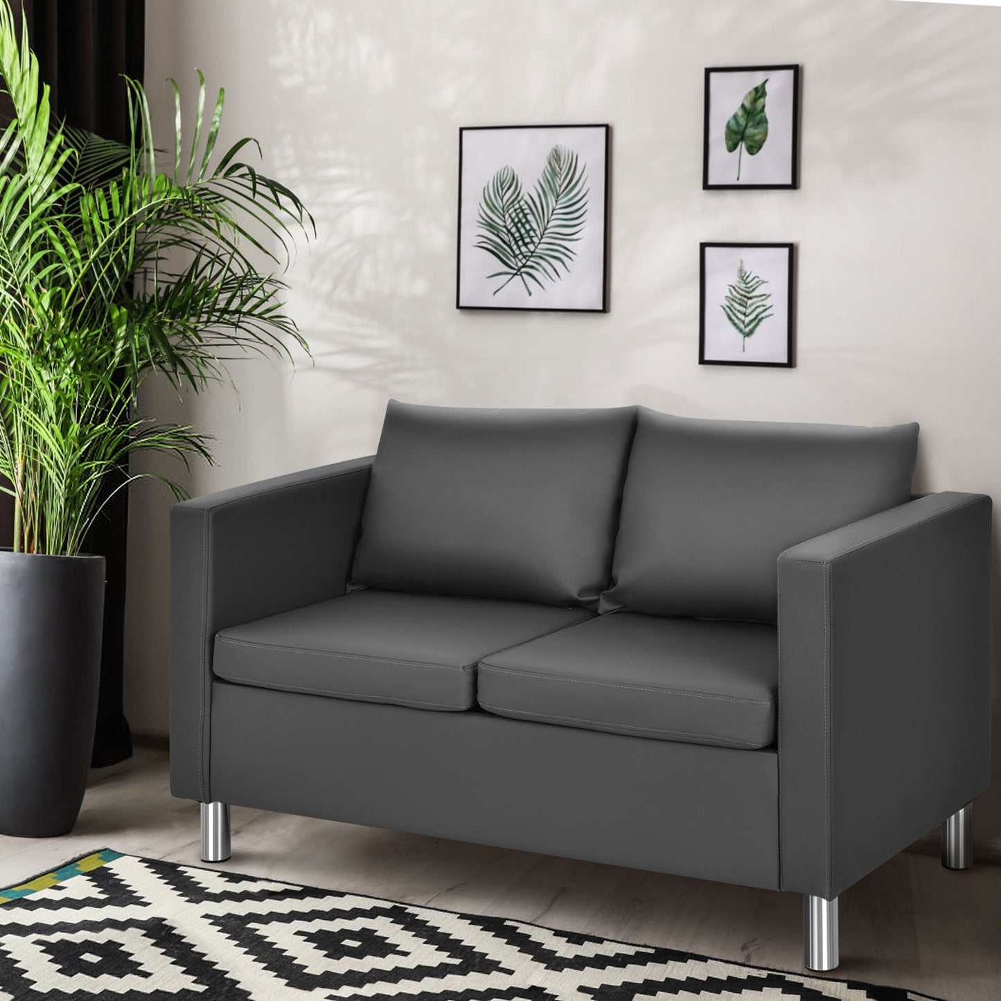 LIVSK Moderne tweezitsbank - Comfortabel PU-leer met 9 cm dik kussen - Draagvermogen 120 kg - Voor thuis & kantoor - Grijs