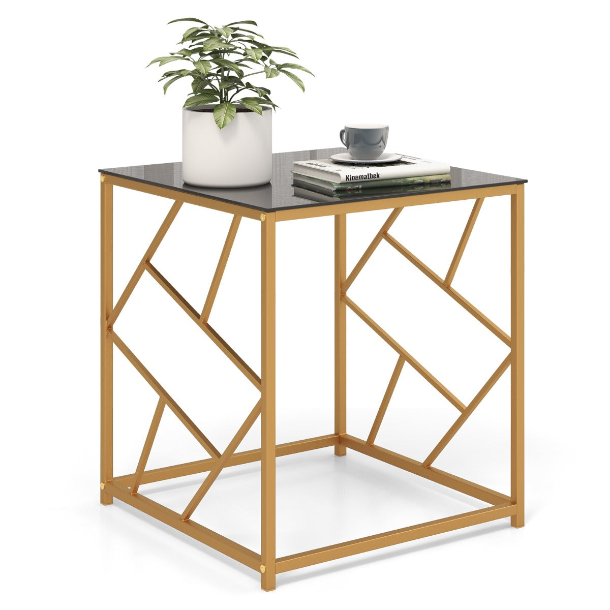 LIVSK Vierkante Bijzettafel - Gehard Glas - Goudkleurig Frame - Compact en Elegant - 50 x 50 x 55 cm - Zwart en goud