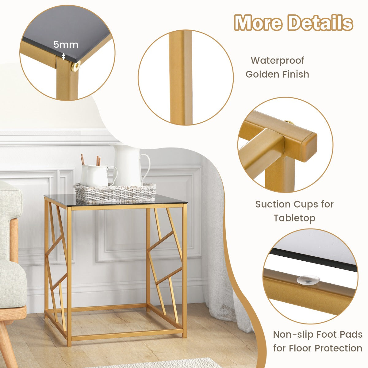 LIVSK Vierkante Bijzettafel - Gehard Glas - Goudkleurig Frame - Compact en Elegant - 50 x 50 x 55 cm - Zwart en goud