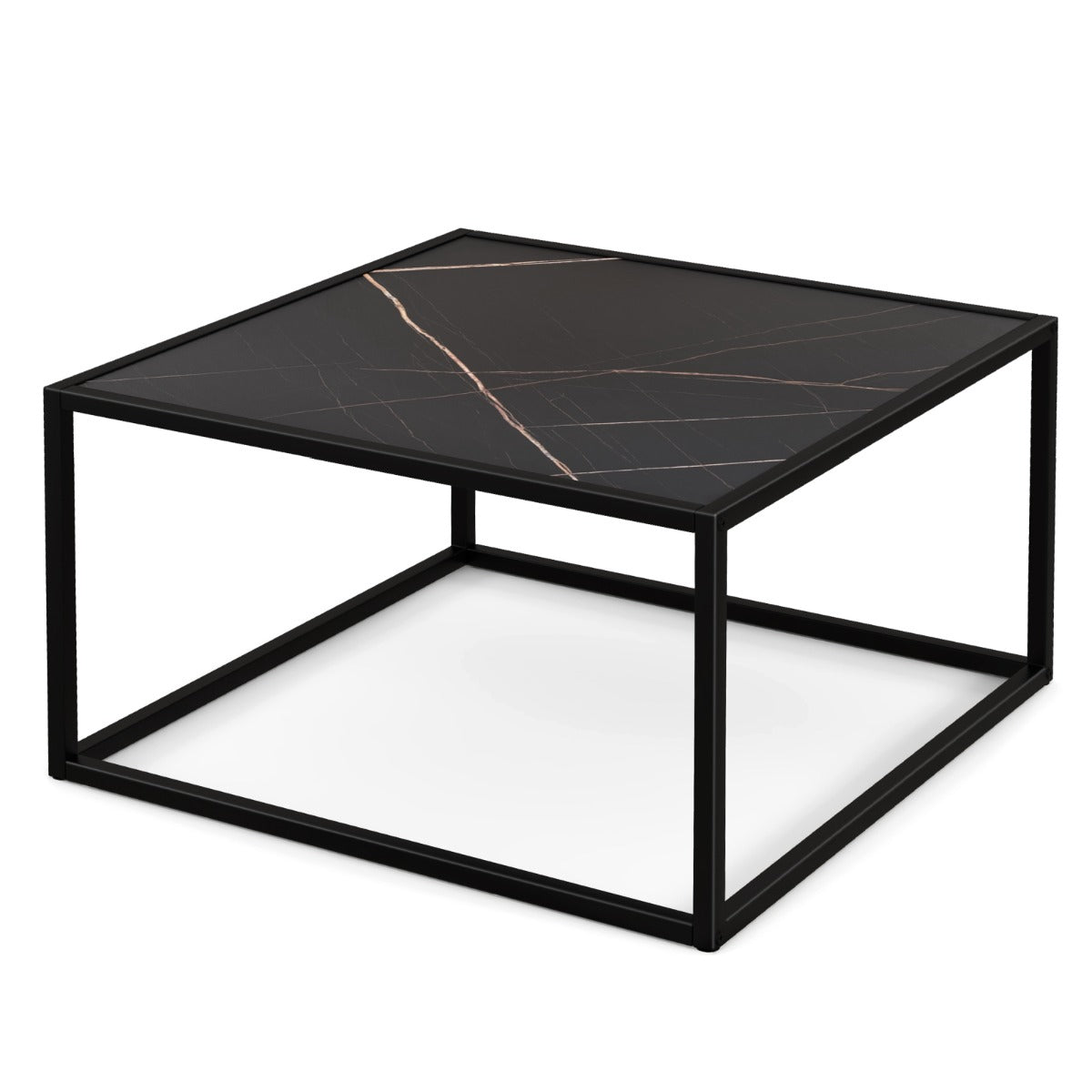 LIVSK Salontafel met Imitatiemarmeren Tafelblad - Mat Stalen Frame - Anti-slip - Ruime Opbergruimte - Draagvermogen 95 kg - Zwart