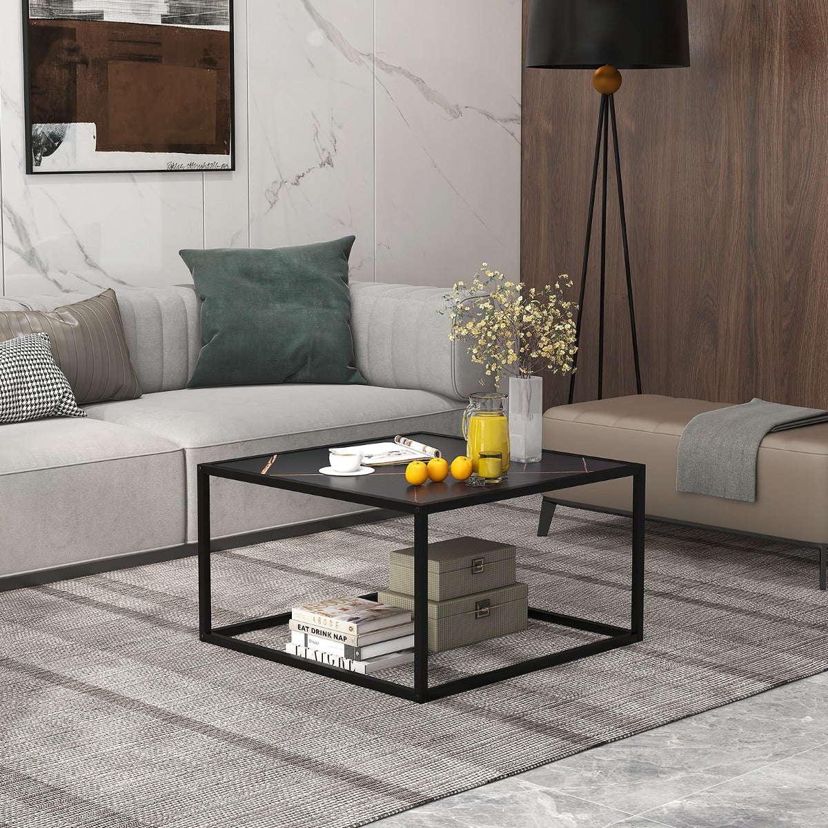 LIVSK Salontafel met Imitatiemarmeren Tafelblad - Mat Stalen Frame - Anti-slip - Ruime Opbergruimte - Draagvermogen 95 kg - Zwart