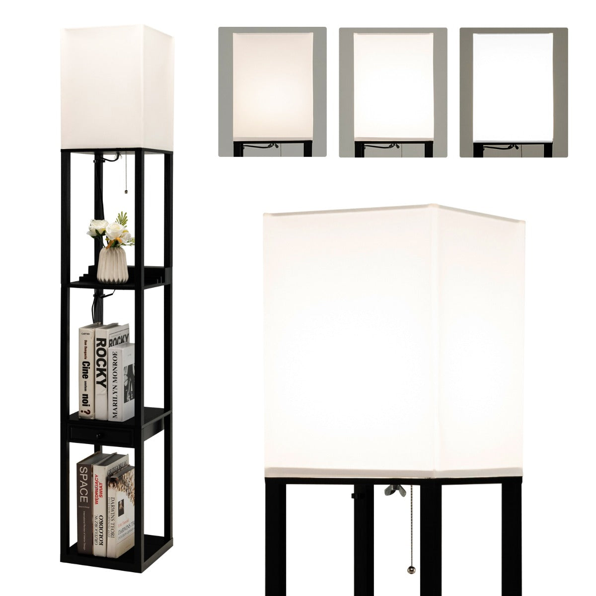 LIVSK Vloerlamp met Plank en Oplaadpoort - Dimbare E27 LED - 3 Helderheidsniveaus - Moderne Stijl - 25 x 25 x 159,5 cm - Zwart +
