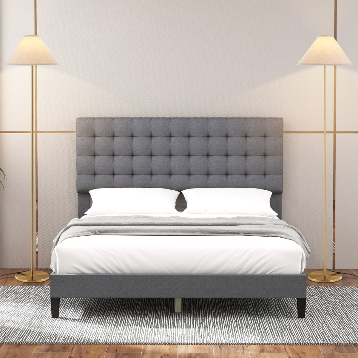 LIVSK Staande Lamp - Gouden Metalen Frame - Lichtgrijze Linnen Kap - Voetschakelaar - 36 x 162 cm - Goud