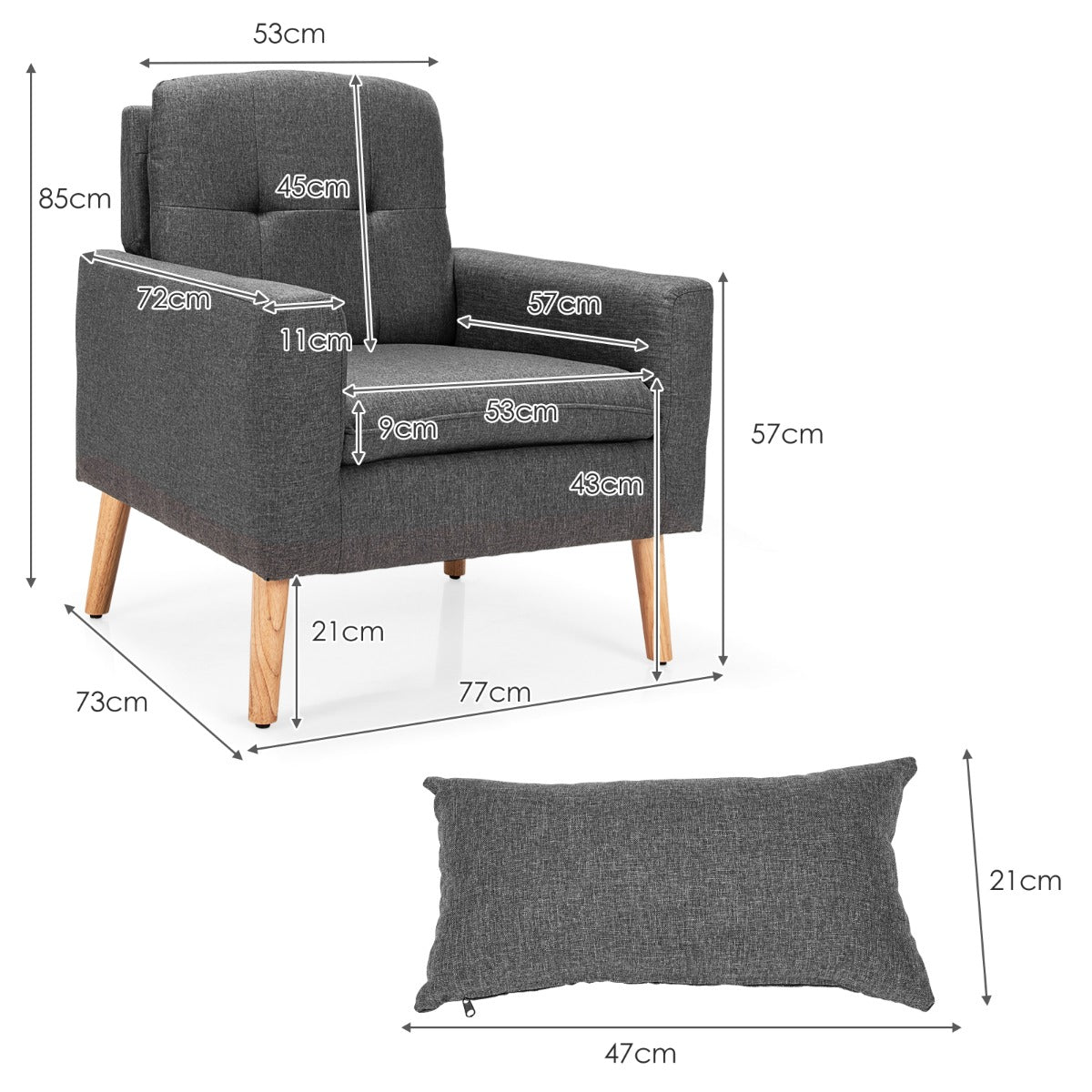 LIVSK Accentstoel met Taillekussen - Brede Zitting - Ademend Linnen - Draagvermogen tot 150 kg - 73 x 77 x 85 cm - Grijs