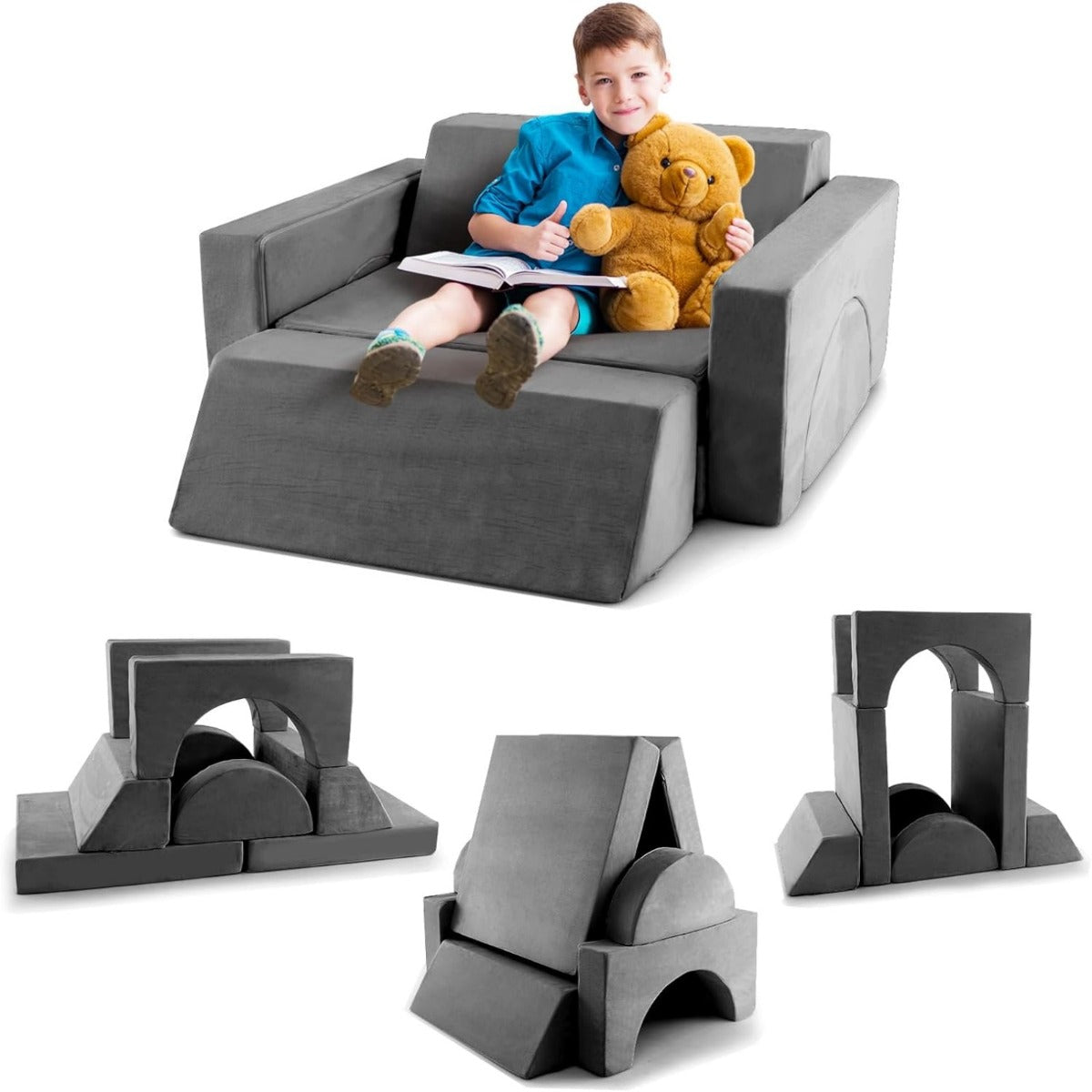 LIVSK Modulaire Kinderbank - 8-delige Set voor Creatieve Speelruimte - Afneembare Suède Hoezen - Comfortabele Spons - Grijs