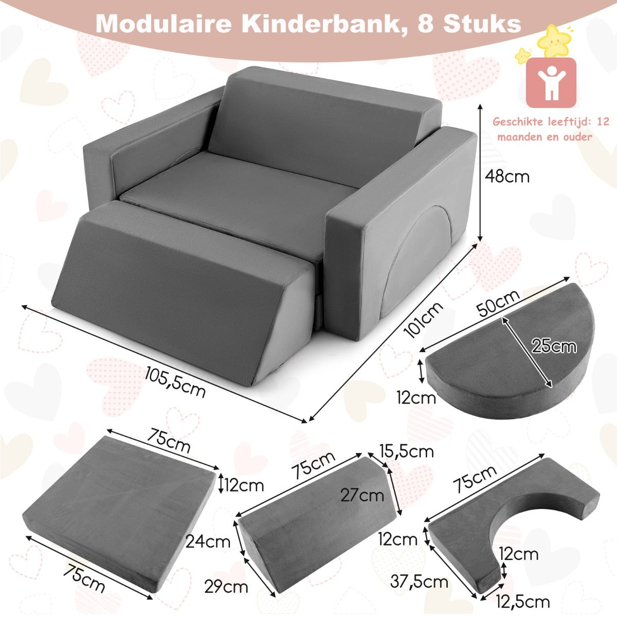 LIVSK Modulaire Kinderbank - 8-delige Set voor Creatieve Speelruimte - Afneembare Suède Hoezen - Comfortabele Spons - Grijs
