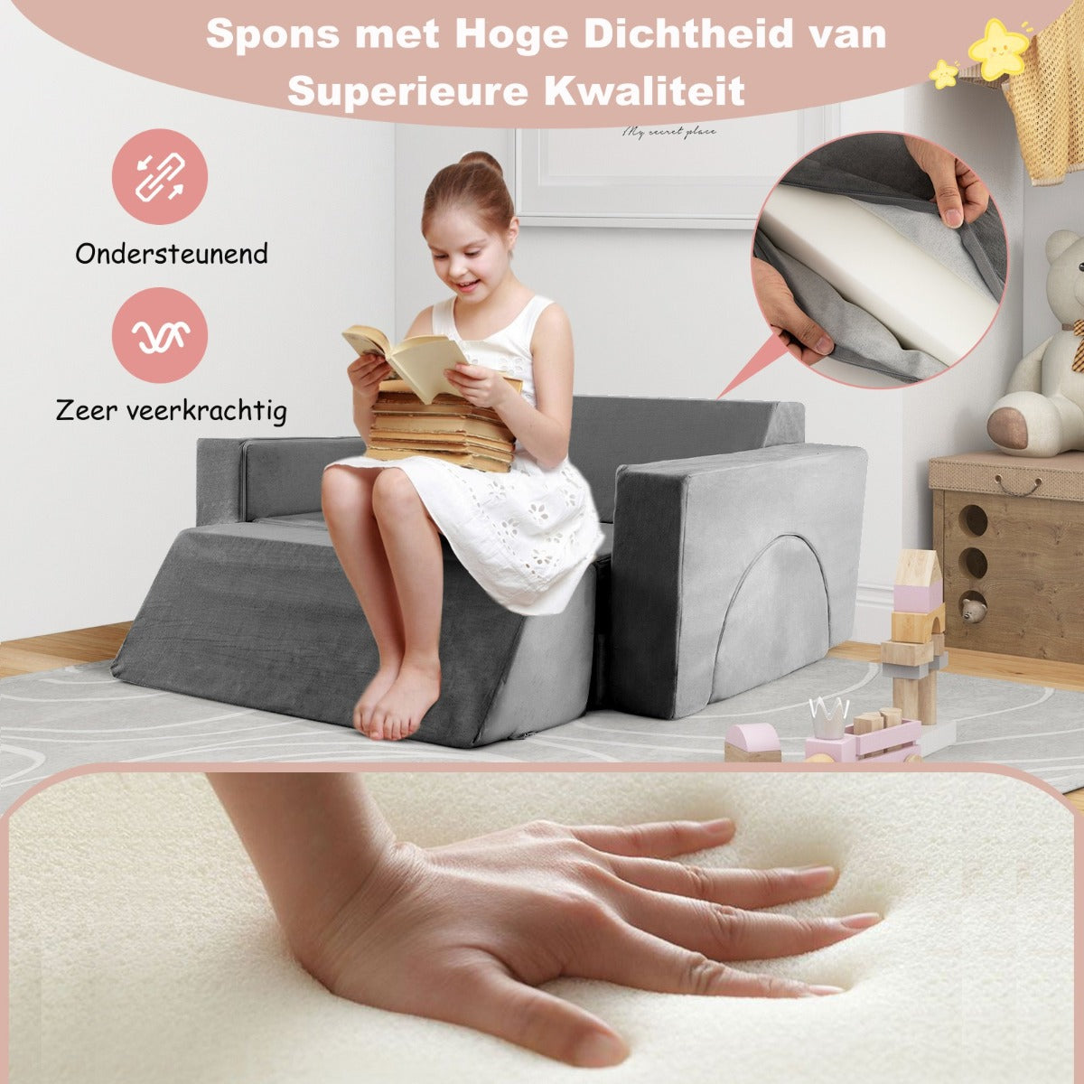 LIVSK Modulaire Kinderbank - 8-delige Set voor Creatieve Speelruimte - Afneembare Suède Hoezen - Comfortabele Spons - Grijs