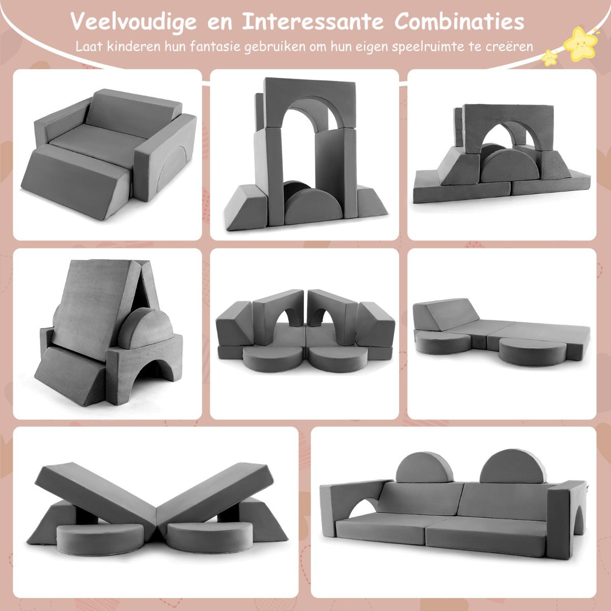 LIVSK Modulaire Kinderbank - 8-delige Set voor Creatieve Speelruimte - Afneembare Suède Hoezen - Comfortabele Spons - Grijs