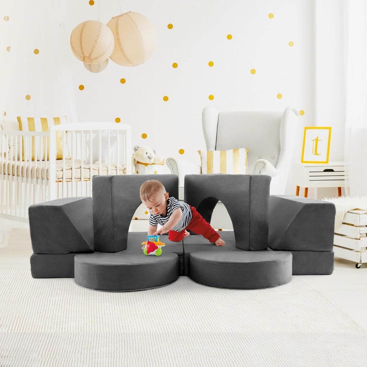 LIVSK Modulaire Kinderbank - 8-delige Set voor Creatieve Speelruimte - Afneembare Suède Hoezen - Comfortabele Spons - Grijs