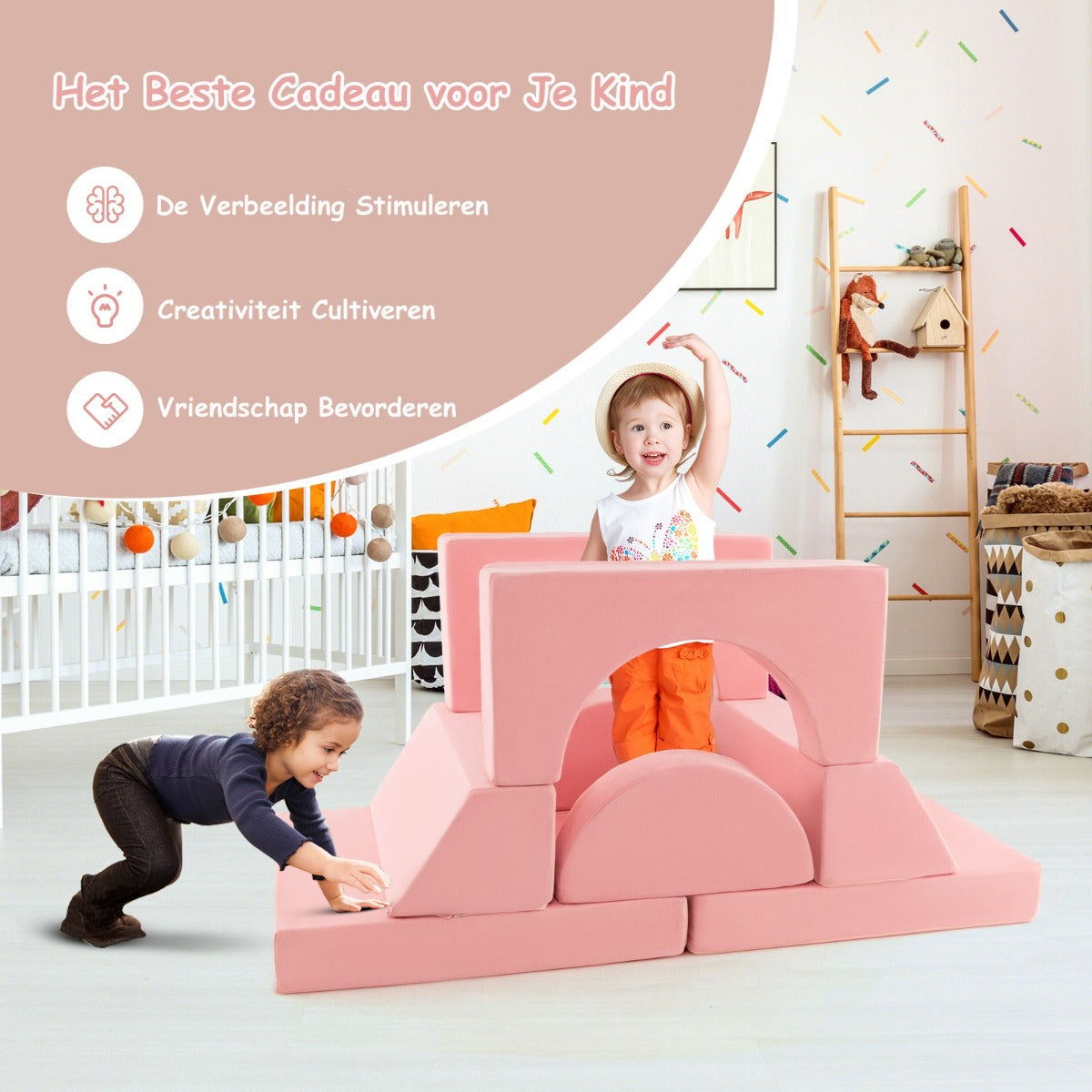LIVSK Modulaire Kinderbank - 8-delige Set - Afneembare Suède Hoezen - Veerkrachtige Spons - Stimuleert Creativiteit - Roze