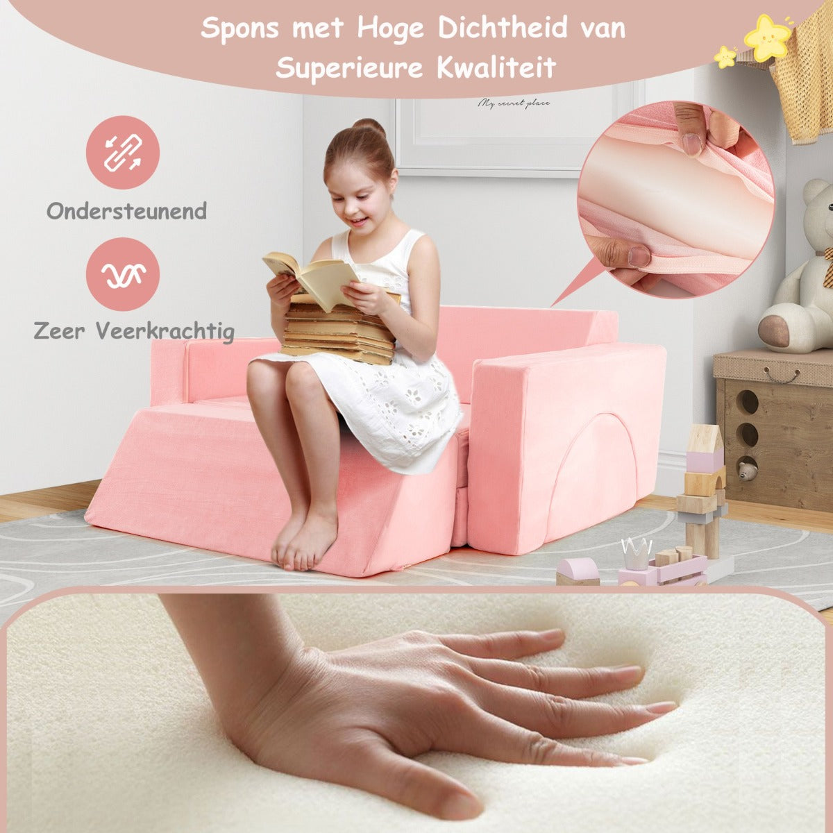 LIVSK Modulaire Kinderbank - 8-delige Set - Afneembare Suède Hoezen - Veerkrachtige Spons - Stimuleert Creativiteit - Roze