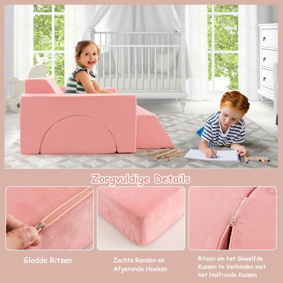 LIVSK Modulaire Kinderbank - 8-delige Set - Afneembare Suède Hoezen - Veerkrachtige Spons - Stimuleert Creativiteit - Roze