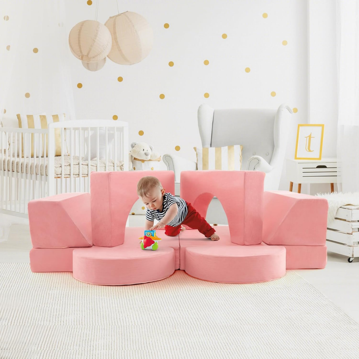 LIVSK Modulaire Kinderbank - 8-delige Set - Afneembare Suède Hoezen - Veerkrachtige Spons - Stimuleert Creativiteit - Roze
