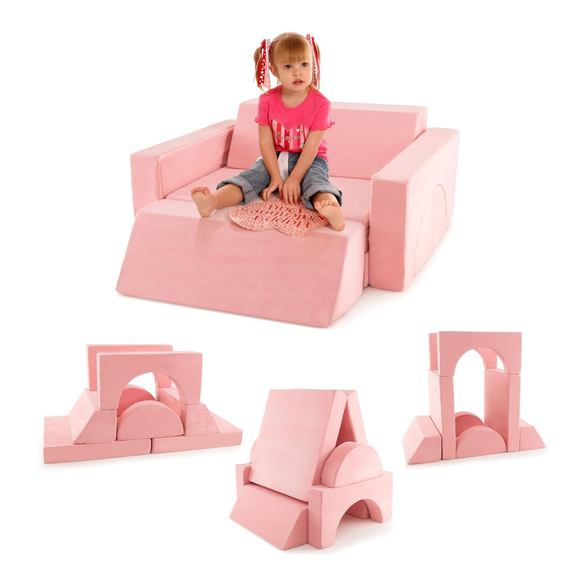 LIVSK Modulaire Kinderbank - 8-delige Set - Afneembare Suède Hoezen - Veerkrachtige Spons - Stimuleert Creativiteit - Roze