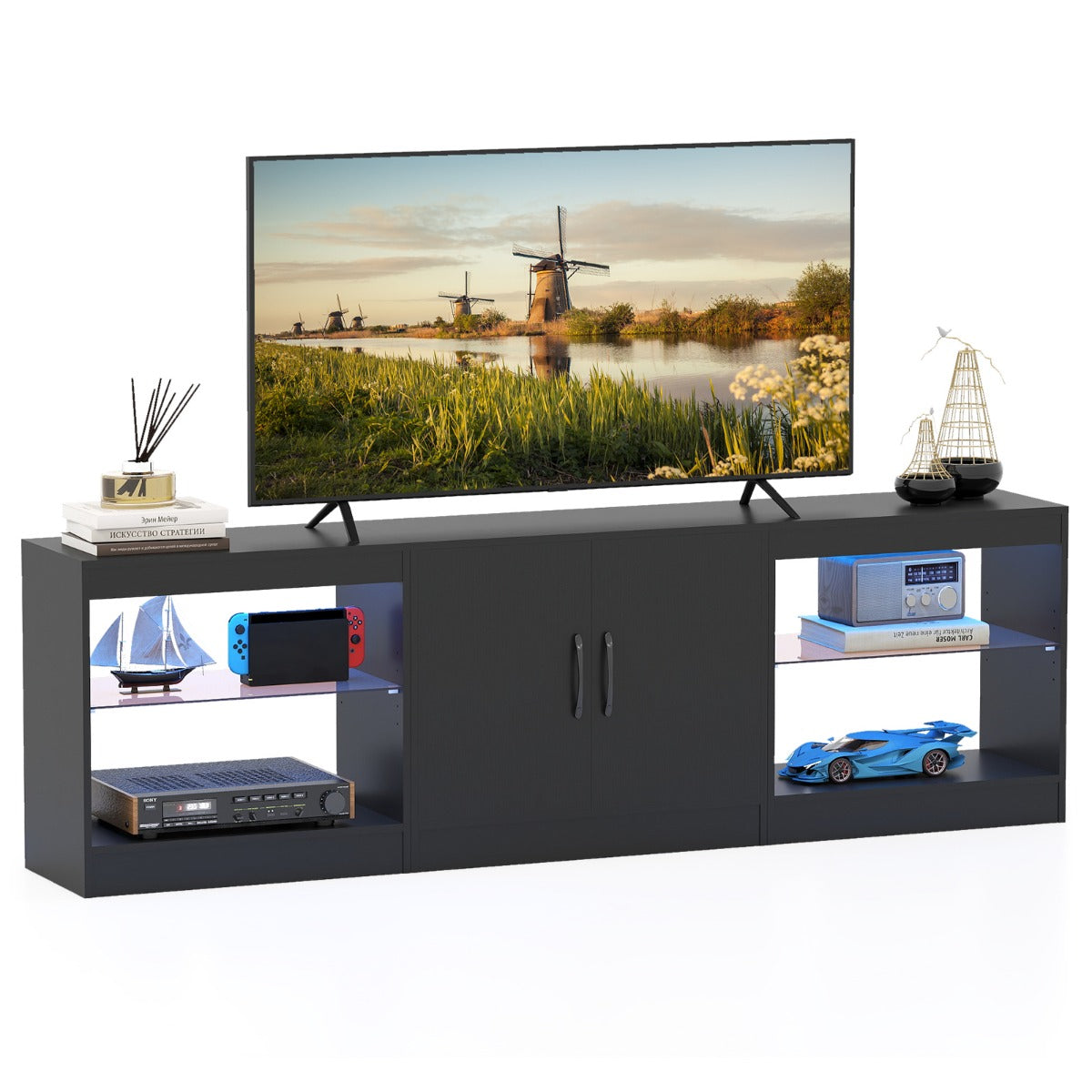 Livsk costway modulaire tv kast geschikt voor 85 inch televisies 3 in 1 tv kast zwart