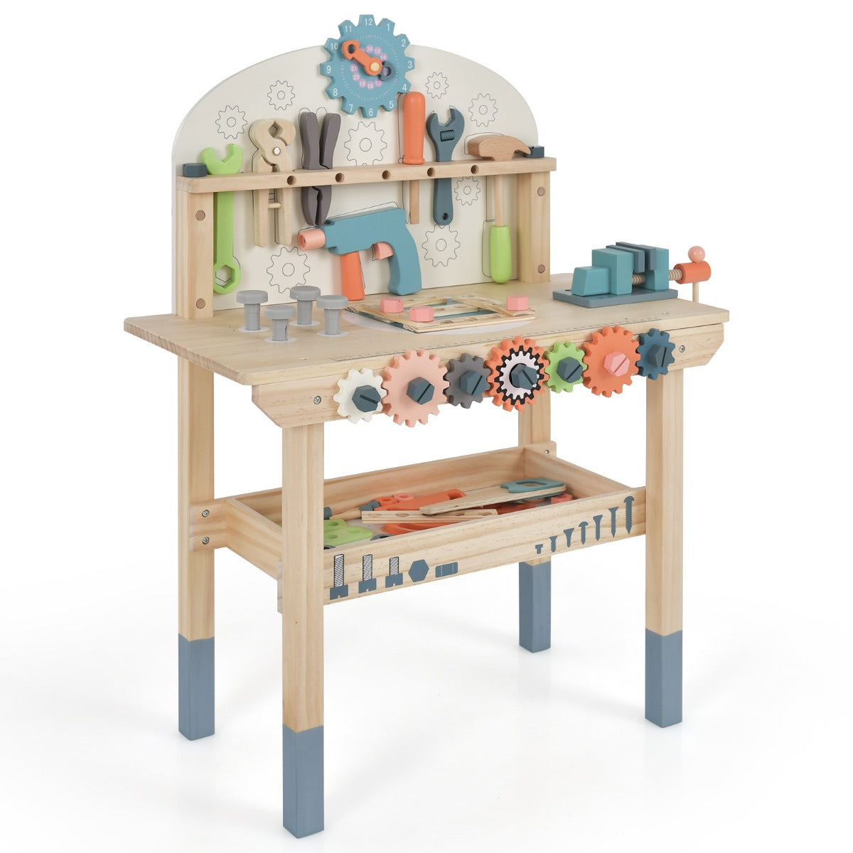 LIVSK Kinderwerkbank - Houten Speelwerkbank met 8 Gereedschappen en 53 Accessoires - Magnetisch Frame - 60 x 30 x 79 cm -