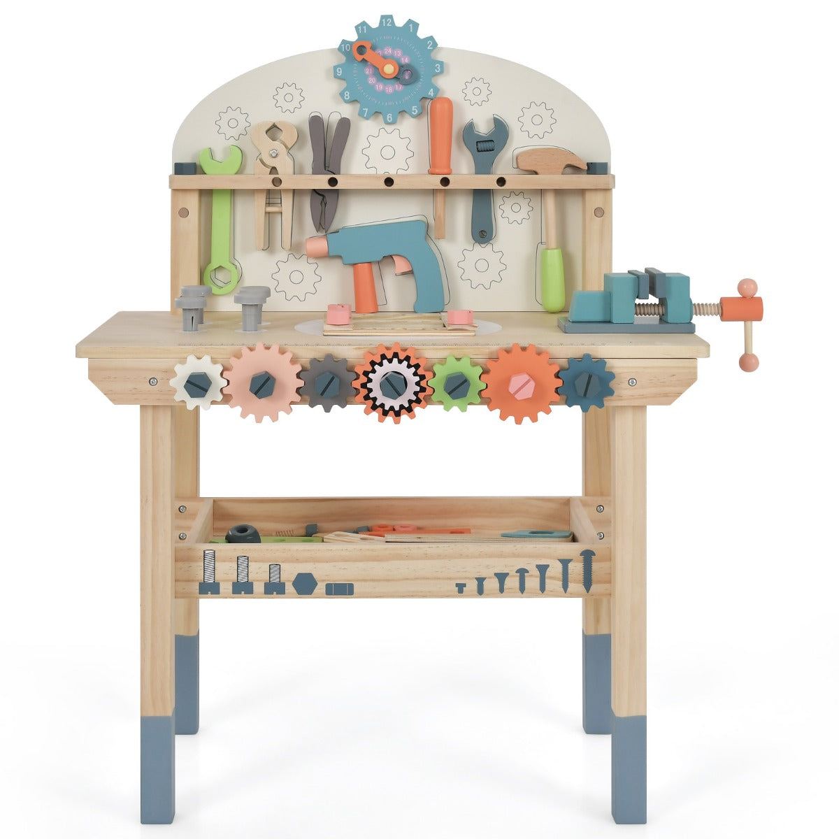 LIVSK Kinderwerkbank - Houten Speelwerkbank met 8 Gereedschappen en 53 Accessoires - Magnetisch Frame - 60 x 30 x 79 cm -