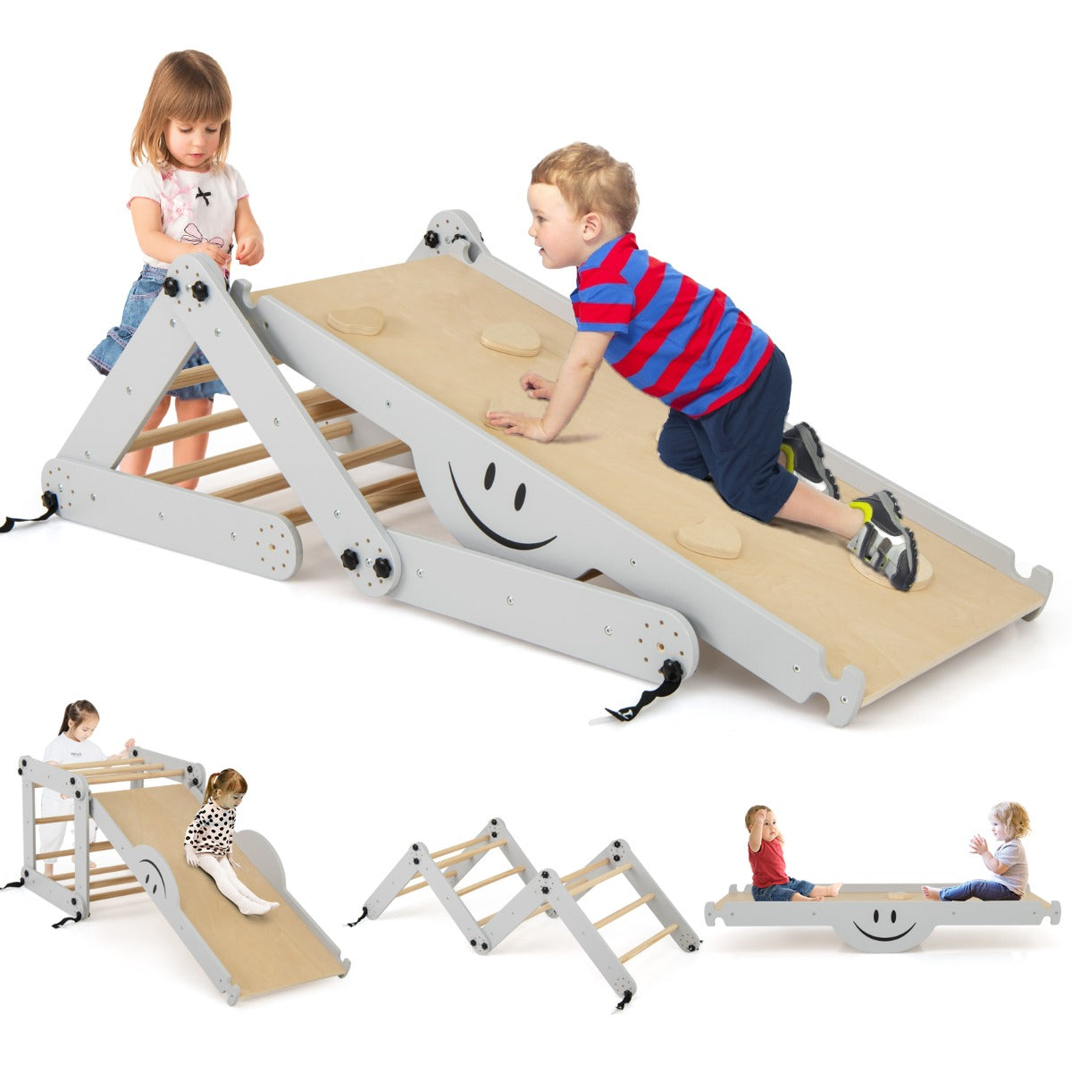 LIVSK 5-in-1 Klimset - Verstelbare Leuning - Opvouwbaar - Glijbaan, Klimhelling, Ladder, Wip, Kruiptunnel - Tot 60 kg - Grijs