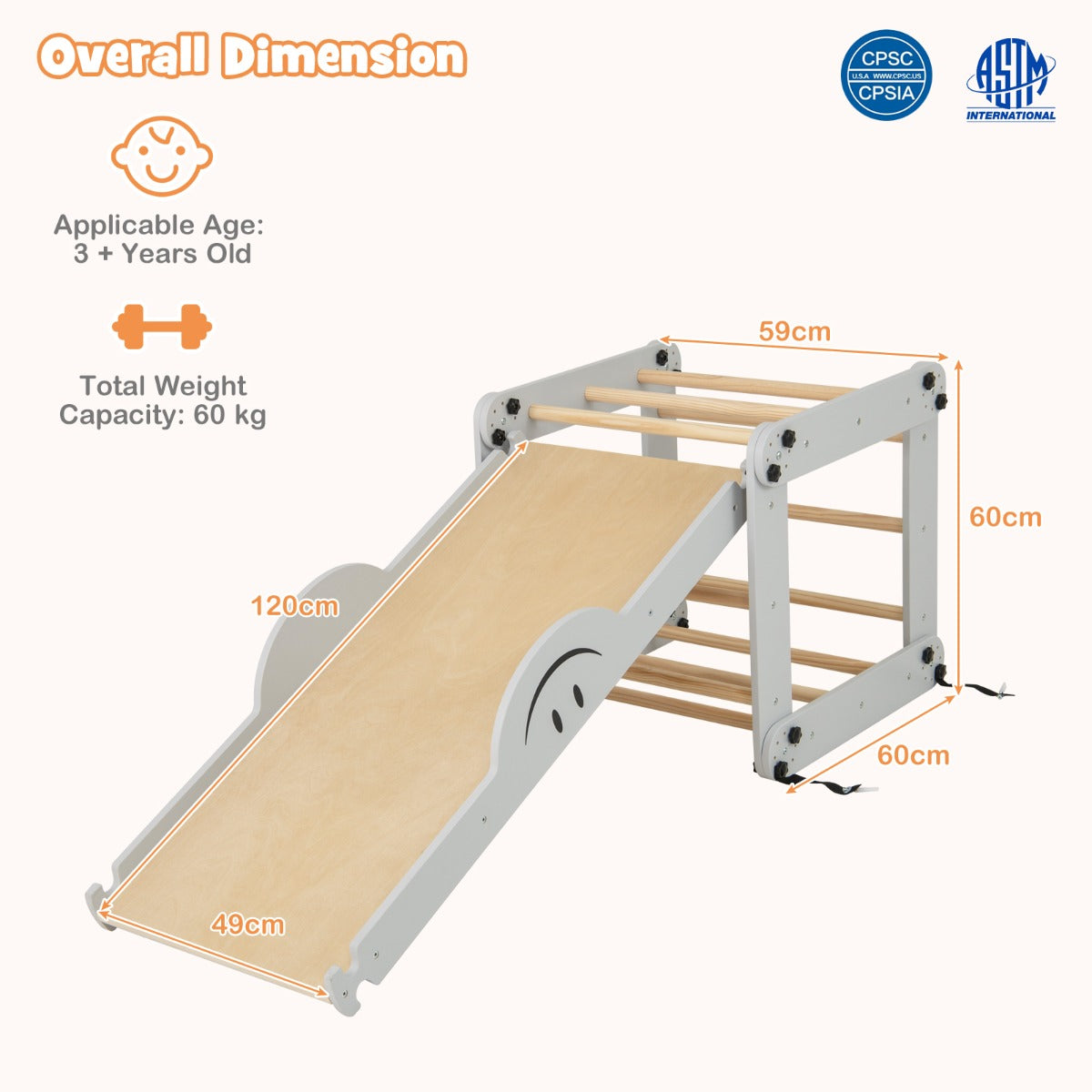 LIVSK 5-in-1 Klimset - Verstelbare Leuning - Opvouwbaar - Glijbaan, Klimhelling, Ladder, Wip, Kruiptunnel - Tot 60 kg - Grijs