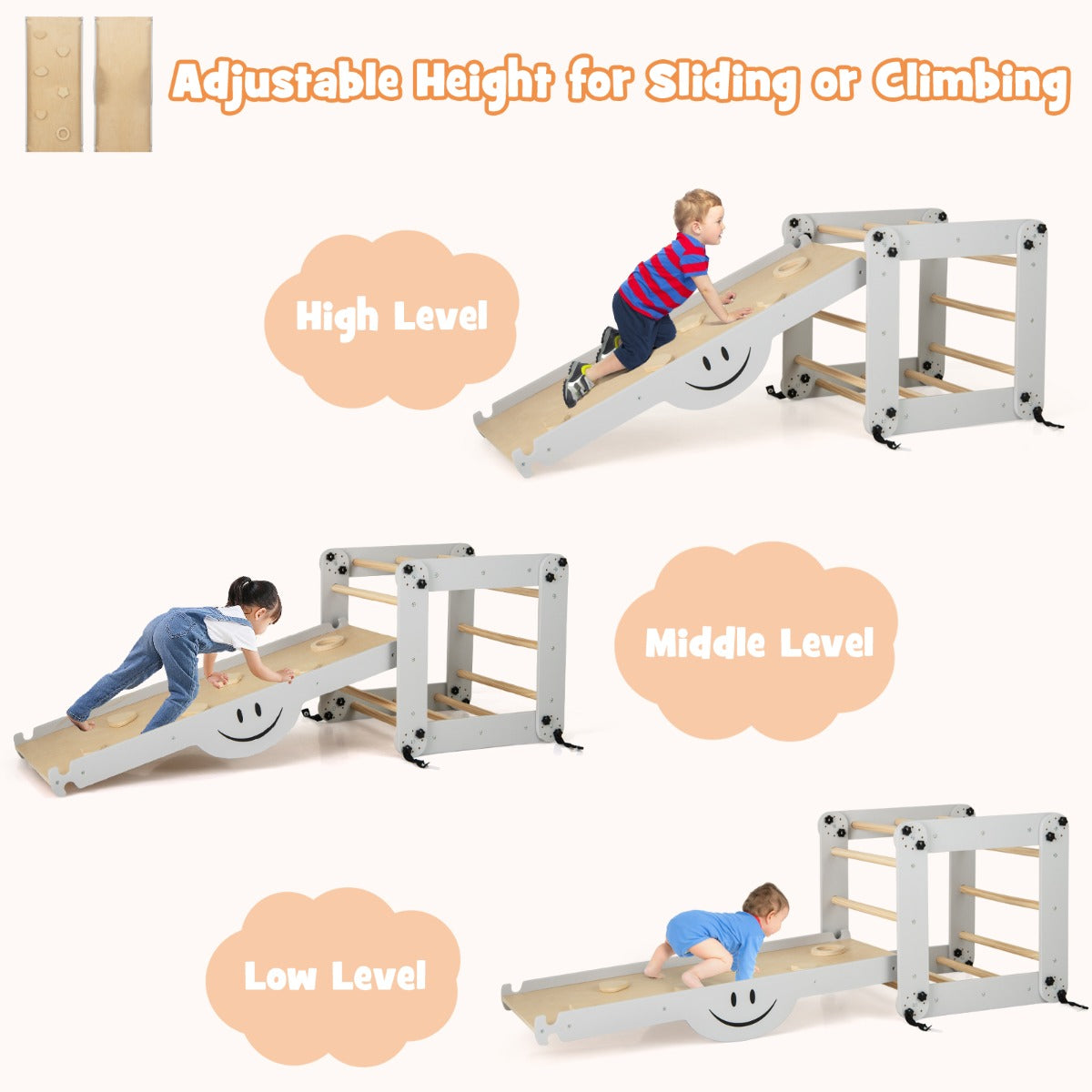 LIVSK 5-in-1 Klimset - Verstelbare Leuning - Opvouwbaar - Glijbaan, Klimhelling, Ladder, Wip, Kruiptunnel - Tot 60 kg - Grijs