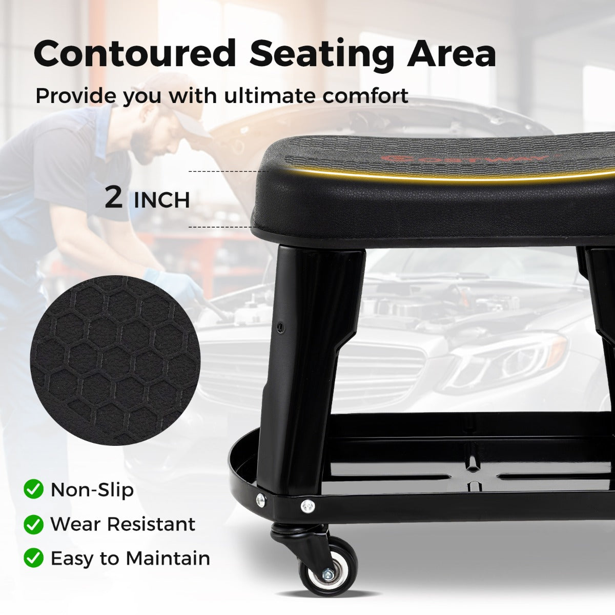 LIVSK Monteurskruk met Gereedschapshouder - 136 kg Draagvermogen - Ergonomische Zitting - 360° Zwenkwielen - Zwart