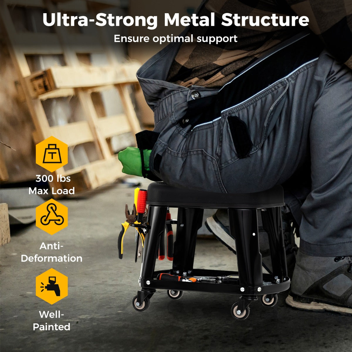 LIVSK Monteurskruk met Gereedschapshouder - 136 kg Draagvermogen - Ergonomische Zitting - 360° Zwenkwielen - Zwart