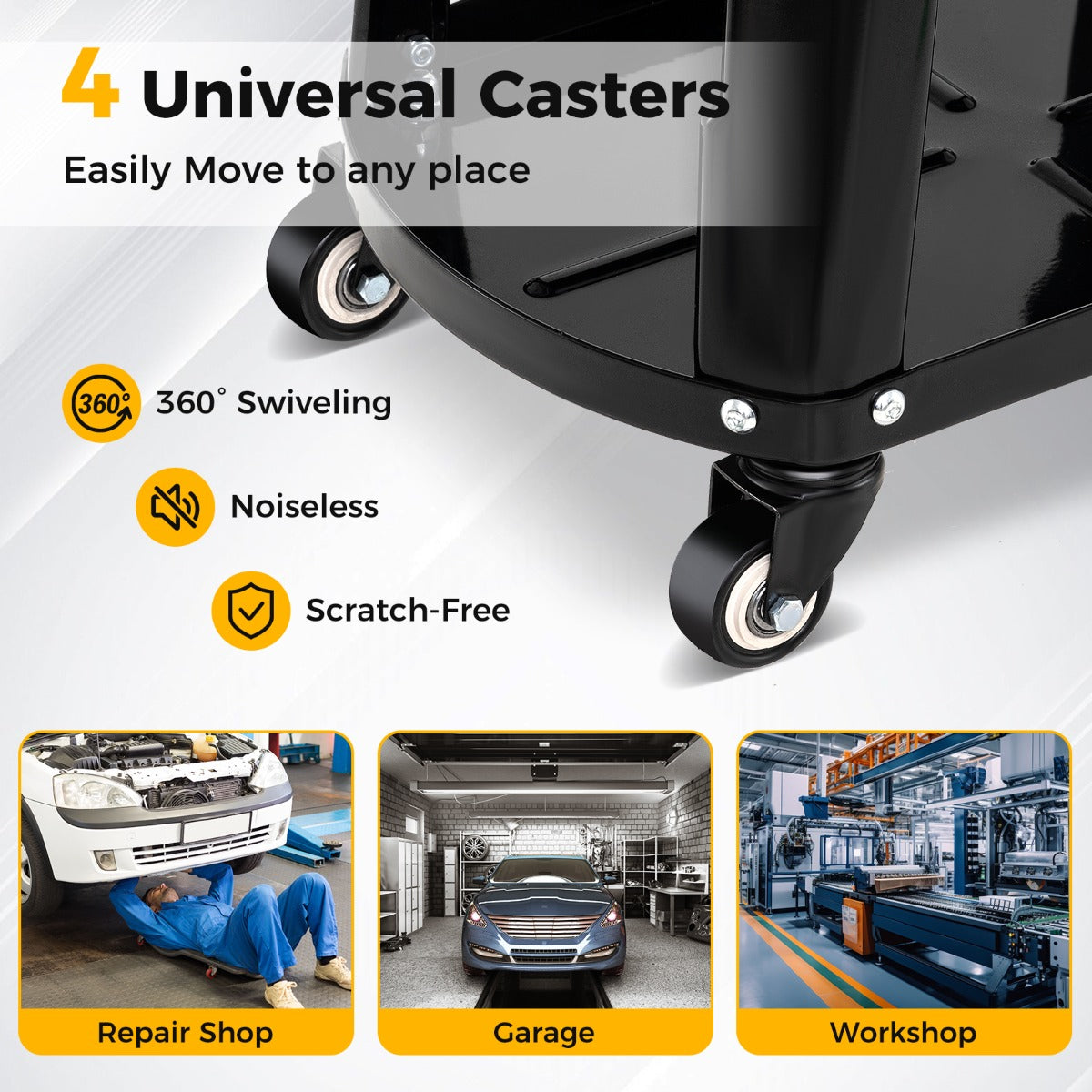 LIVSK Monteurskruk met Gereedschapshouder - 136 kg Draagvermogen - Ergonomische Zitting - 360° Zwenkwielen - Zwart