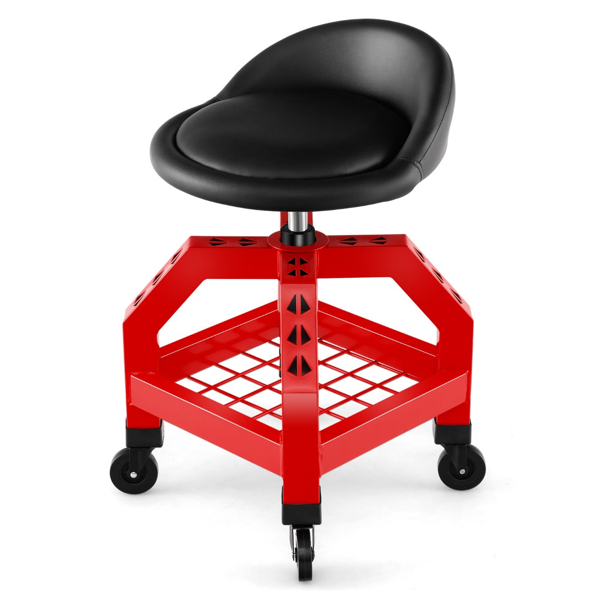 LIVSK Monteurskruk op Wielen - Hoogte Verstelbaar - Opbergvak voor Gereedschap - Comfortabele PVC Bekleding - Tot 150 kg - Rood