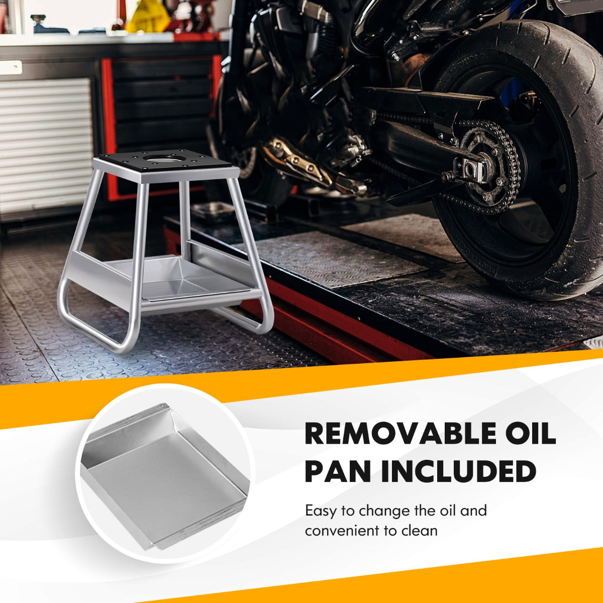 LIVSK Motorcrossliftstandaard - Antislip - Afneembaar Oliecarter - Draagbaar - Tot 450 kg - Zilver