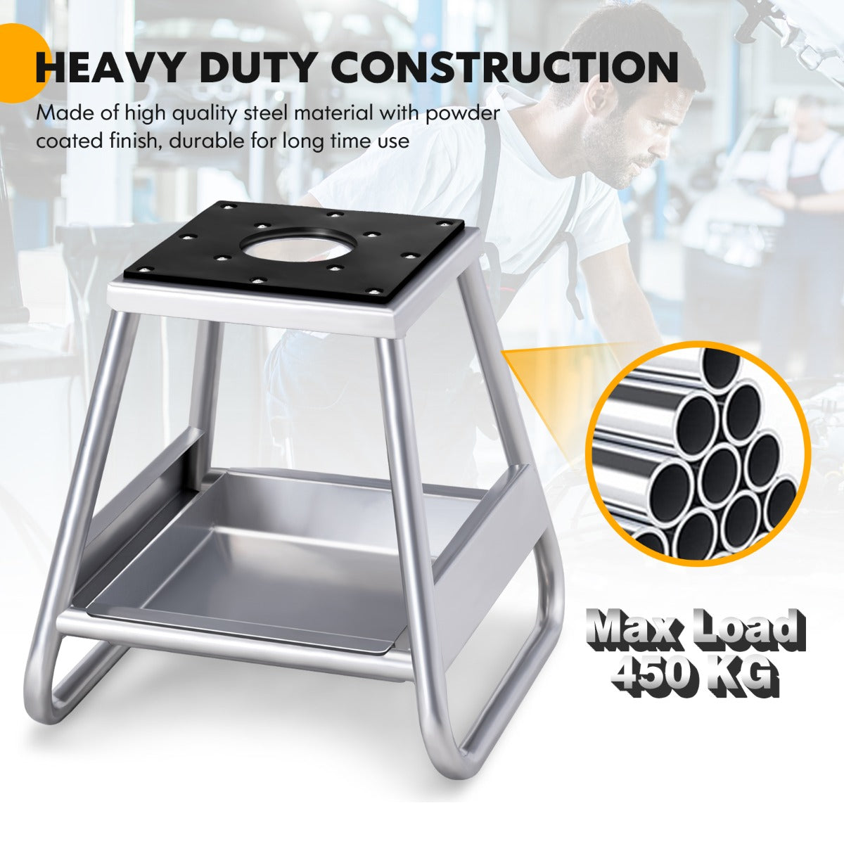 LIVSK Motorcrossliftstandaard - Antislip - Afneembaar Oliecarter - Draagbaar - Tot 450 kg - Zilver