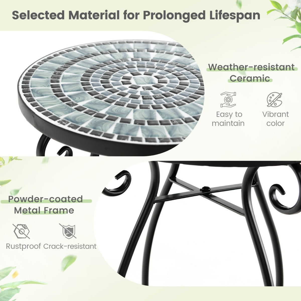 LIVSK Mozaïek Bijzettafel - Weerbestendig Keramisch Tafelblad - Roestbestendig Metaal - Compact 30 x 30 x 50 cm - Zwart