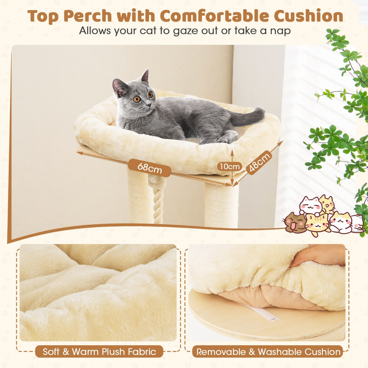 LIVSK Kattentoren voor Binnenkatten - All-in-1 Speelcentrum met 3 Verdiepingen - Zachte Kussens - Stabiel - Beige