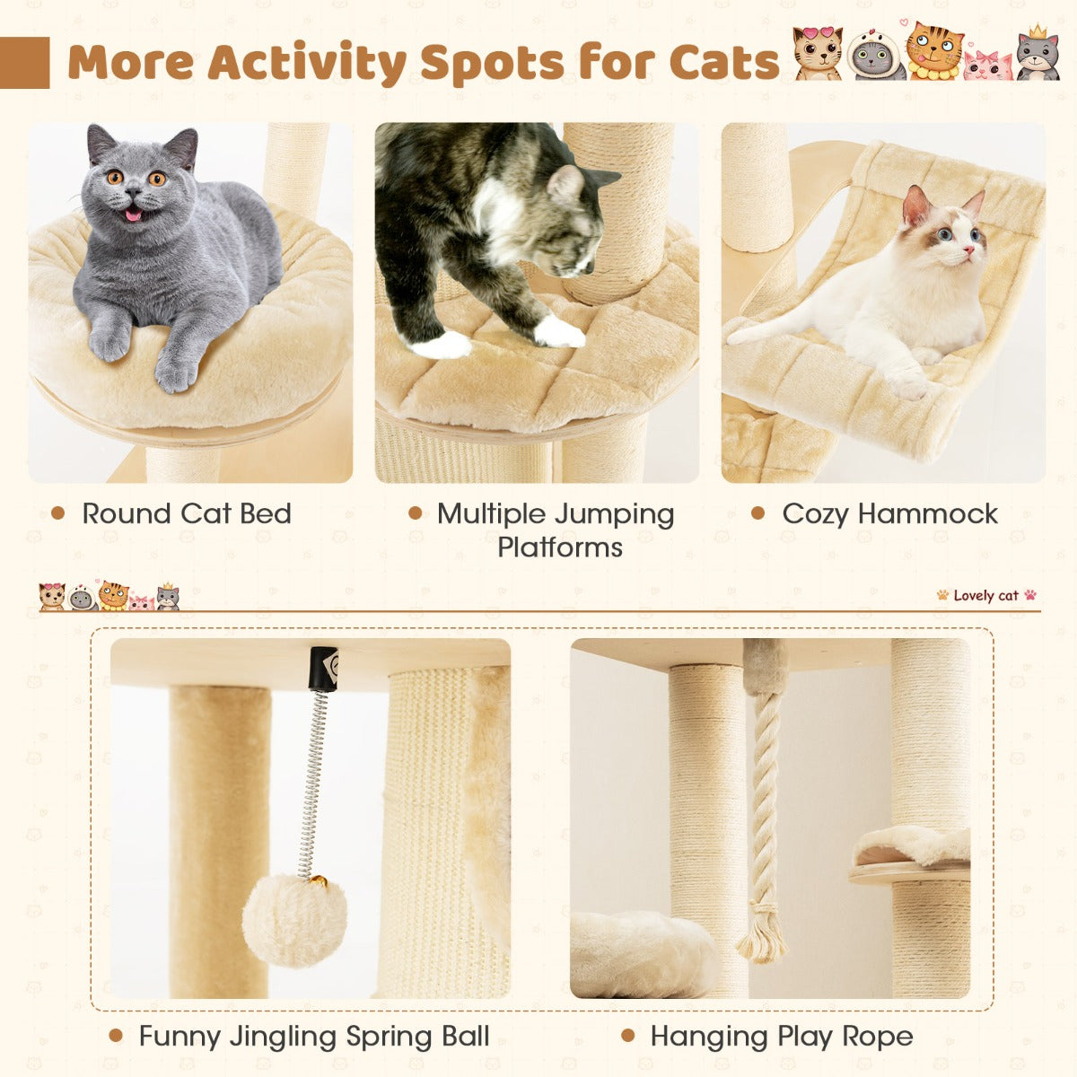 LIVSK Kattentoren voor Binnenkatten - All-in-1 Speelcentrum met 3 Verdiepingen - Zachte Kussens - Stabiel - Beige