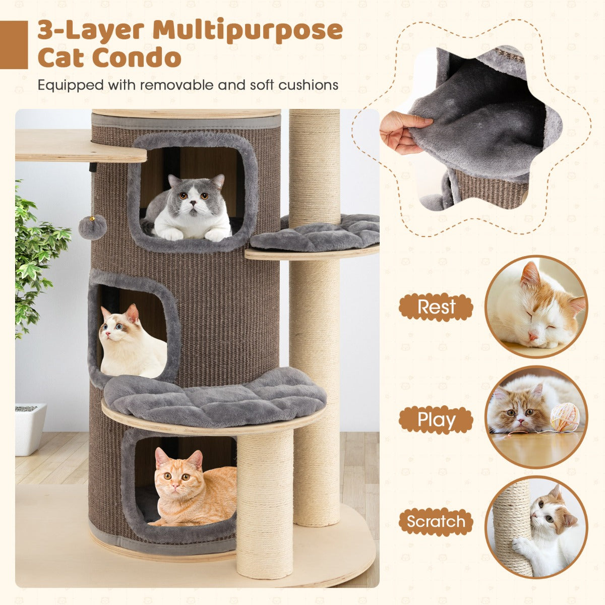 LIVSK Kattentoren met 3 Verdieningen - Speelcentrum met Zitstokken en Condo's - Stevig en Comfortabel - Beige + Grijs