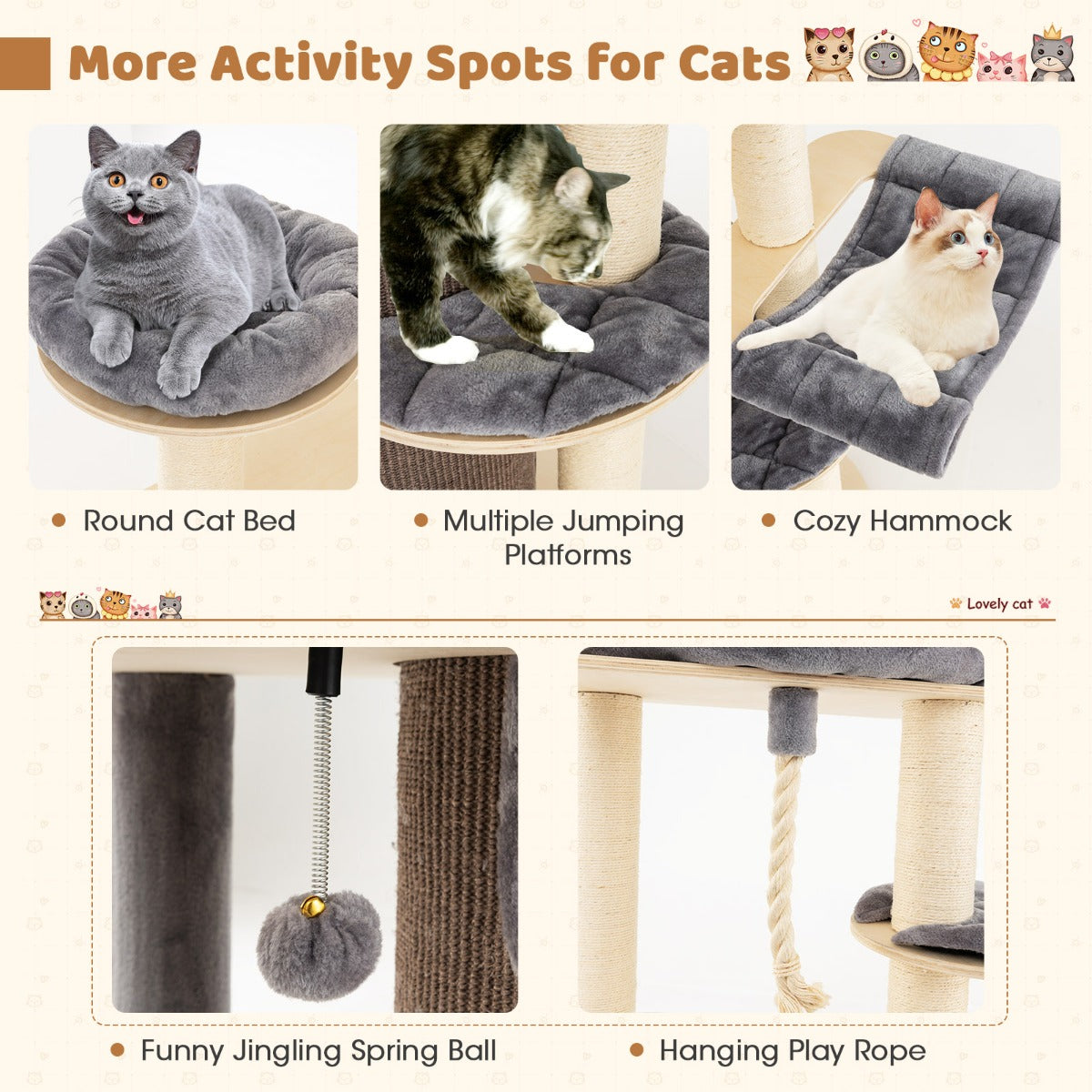 LIVSK Kattentoren met 3 Verdieningen - Speelcentrum met Zitstokken en Condo's - Stevig en Comfortabel - Beige + Grijs