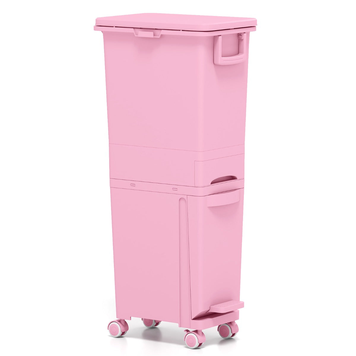 LIVSK Multifunctionele Afvalbak - 3 Compartimenten - Ergonomisch - Met Wieltjes - Duurzaam PP - 36 x 25 x 84 cm - Roze