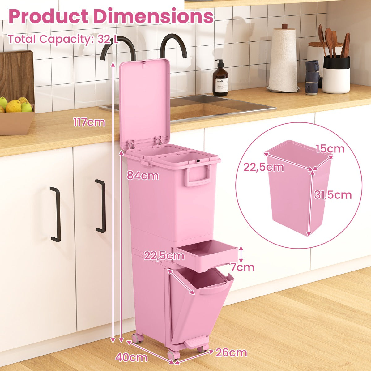 LIVSK Multifunctionele Afvalbak - 3 Compartimenten - Ergonomisch - Met Wieltjes - Duurzaam PP - 36 x 25 x 84 cm - Roze
