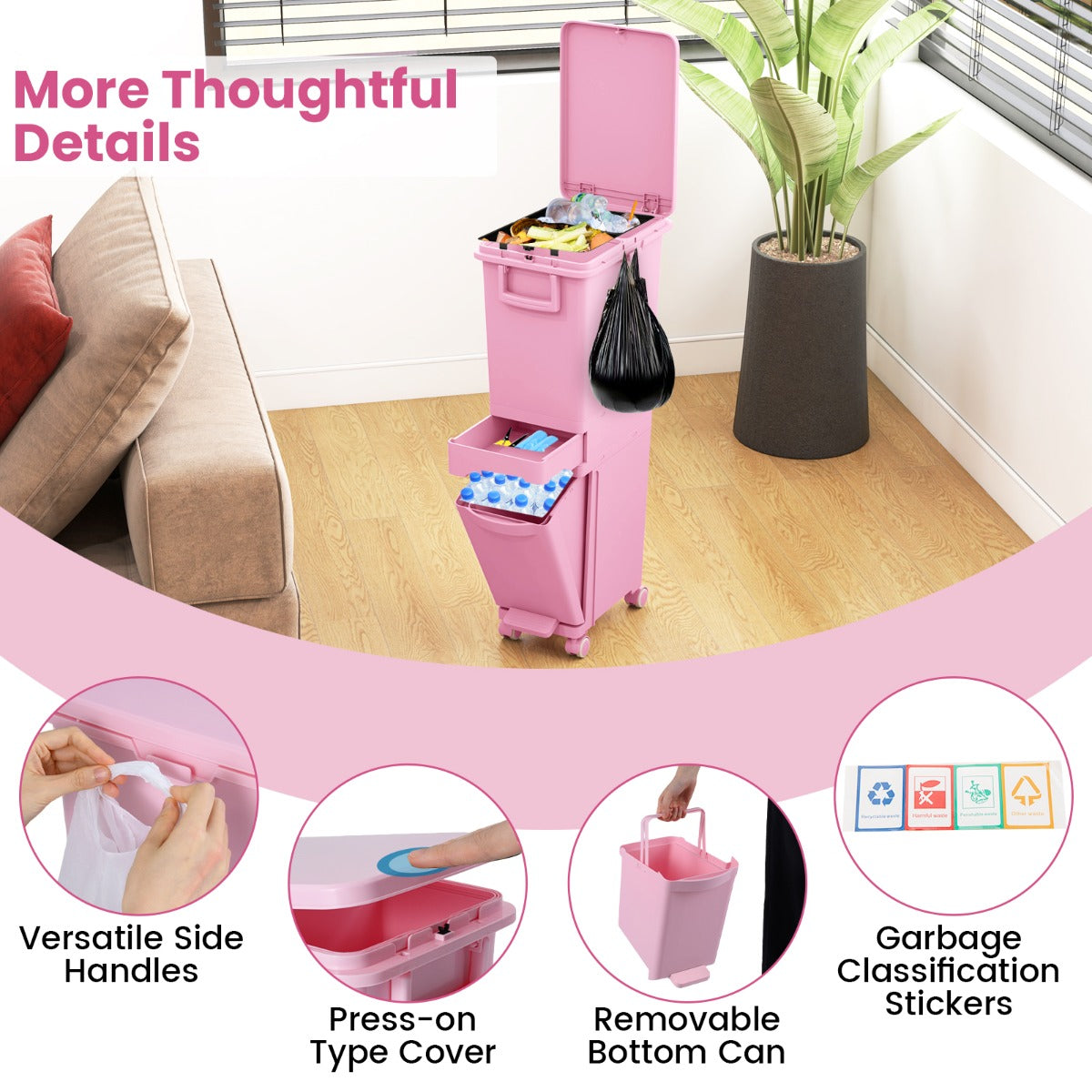 LIVSK Multifunctionele Afvalbak - 3 Compartimenten - Ergonomisch - Met Wieltjes - Duurzaam PP - 36 x 25 x 84 cm - Roze