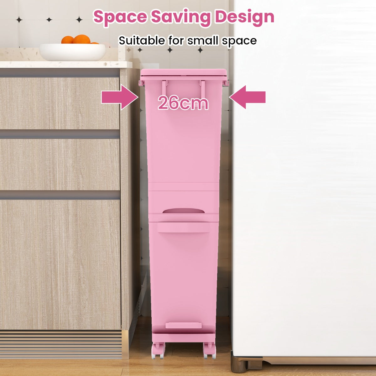 LIVSK Multifunctionele Afvalbak - 3 Compartimenten - Ergonomisch - Met Wieltjes - Duurzaam PP - 36 x 25 x 84 cm - Roze