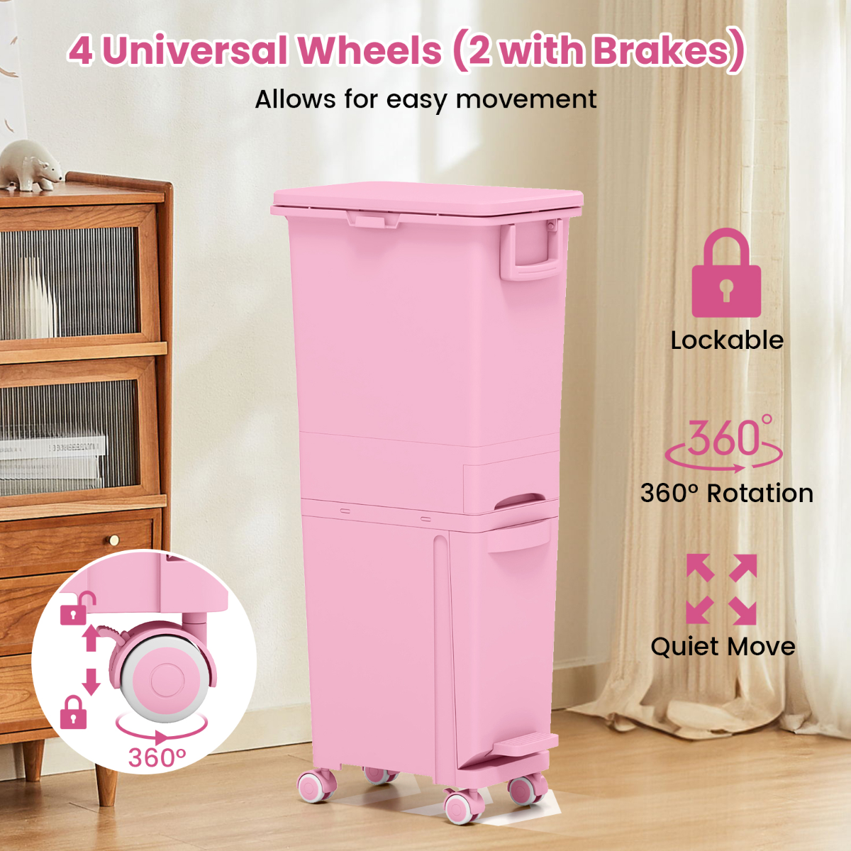 LIVSK Multifunctionele Afvalbak - 3 Compartimenten - Ergonomisch - Met Wieltjes - Duurzaam PP - 36 x 25 x 84 cm - Roze