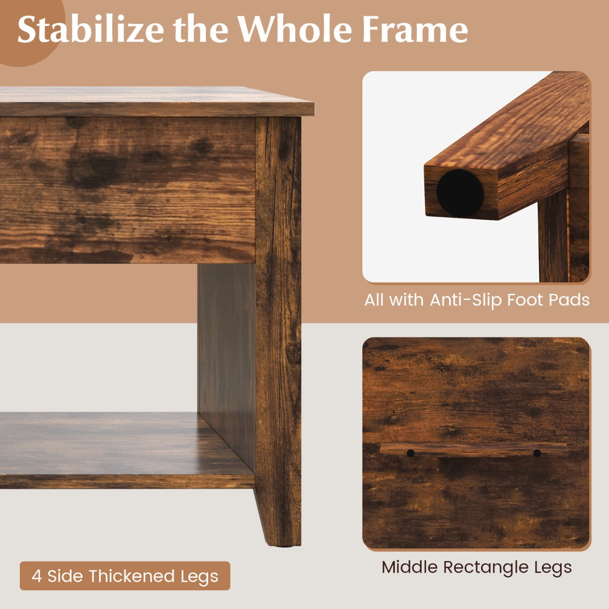 LIVSK Multifunctionele Salontafel - Verstelbaar Tafelblad - Verborgen Opbergruimte - Drie Open Planken - Modern Design - Bruin