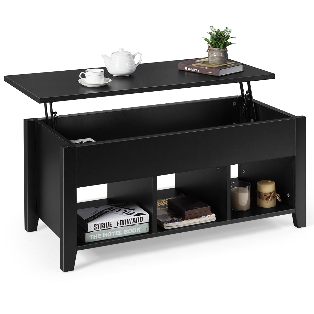 LIVSK Salontafel met Tilbaar Tafelblad - Verborgen Opbergruimte - Drie Open Planken - Modern Design - Spaanplaat - Zwart