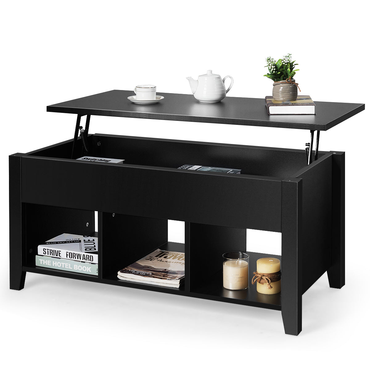 LIVSK Salontafel met Tilbaar Tafelblad - Verborgen Opbergruimte - Drie Open Planken - Modern Design - Spaanplaat - Zwart